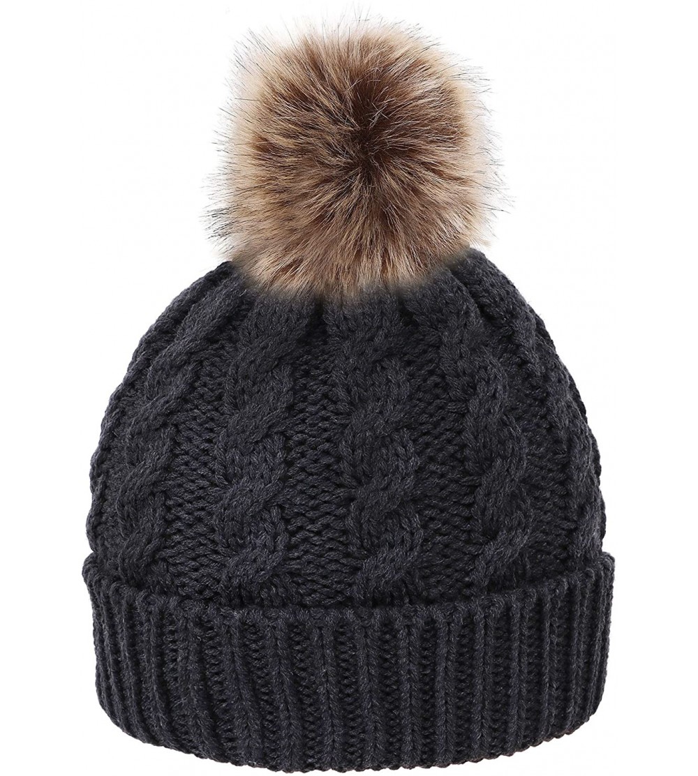 Skullies & Beanies Womens Winter Hand Knit Faux Fur Pompoms Beanie Hat - Heather Grey - CK12L7P0PC1 $15.58
