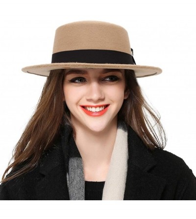 Fedoras Women's Classic Wool Felt Pork Pie Hat Flat Top Church Fedora Hat - Beige - CS18KDNA0YI $26.45