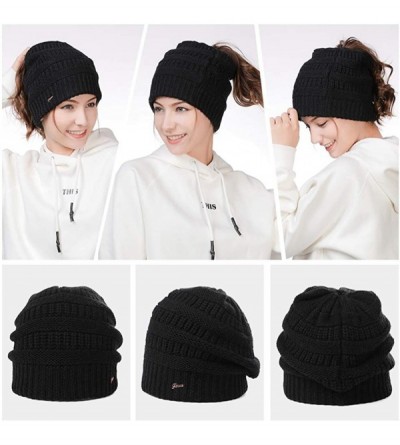 Skullies & Beanies Womens Girl Cable Knit Ponytail 36% Wool Blend Skull Beanie Warm Soft Fleece Lining Winter Hat Black - CI1...