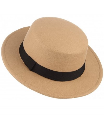 Fedoras Women's Classic Wool Felt Pork Pie Hat Flat Top Church Fedora Hat - Beige - CS18KDNA0YI $12.88