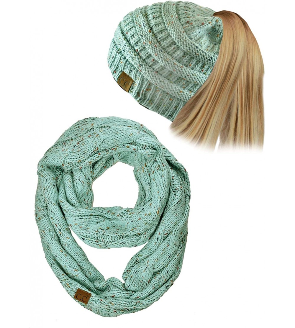 Skullies & Beanies Colorful Confetti BeanieTail Messy High Bun Cable Knit Beanie and Infinity Loop Scarf Set - Mint - C2193N8...