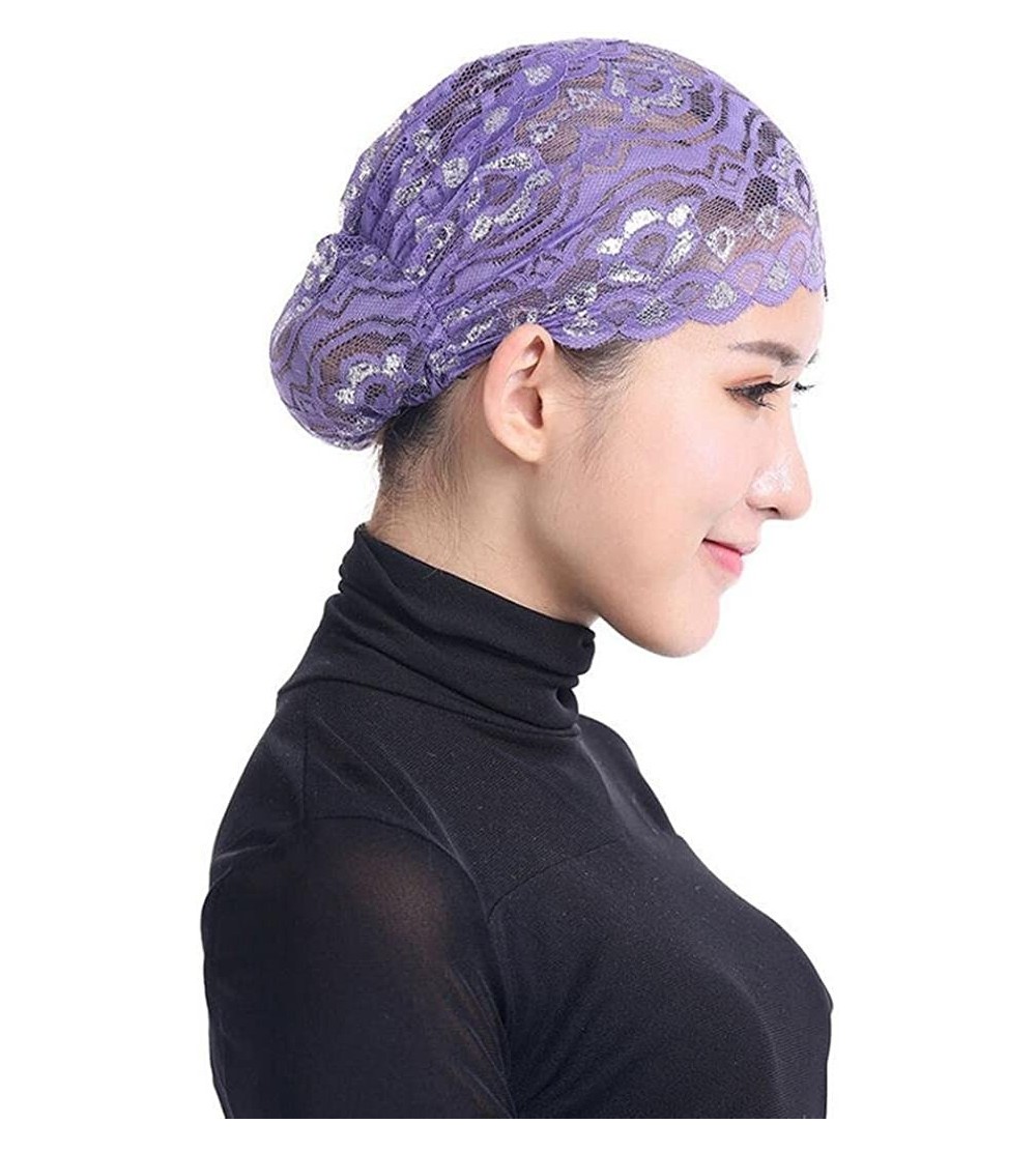 Skullies & Beanies Women Muslim Hijab Ruffle Cancer Chemo Elegant Lace Hat Beanie Scarf Turban Head Wrap Cap - Purple - CA186...