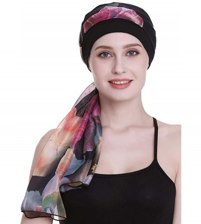 Berets Elegant Chemo Cap With Silky Scarfs For Cancer Women Hair Loss Sleep Beanie - Black - C418LXZYL6O $12.43