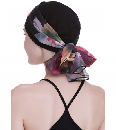 Berets Elegant Chemo Cap With Silky Scarfs For Cancer Women Hair Loss Sleep Beanie - Black - C418LXZYL6O $12.43