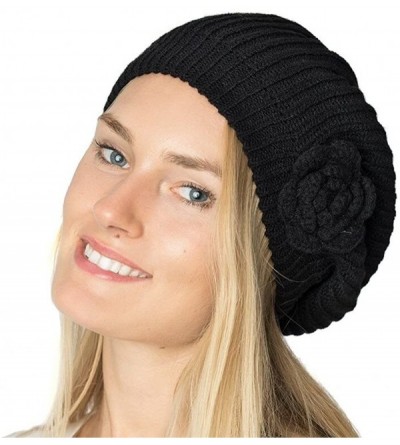 Berets Womens Fall Winter Ribbed Knit Beret Double Layers with Flower - Black - C4126OIA2ZF $23.94