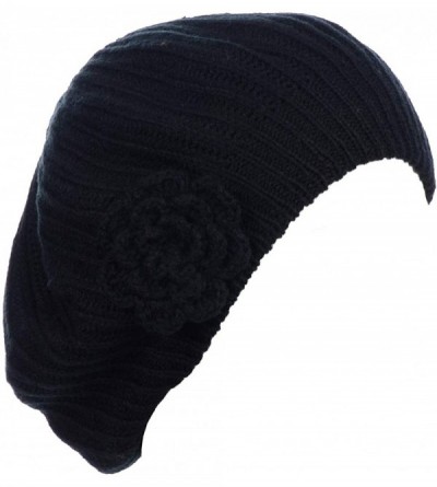 Berets Womens Fall Winter Ribbed Knit Beret Double Layers with Flower - Black - C4126OIA2ZF $13.12