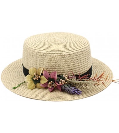 Sun Hats Women Straw Boater Hat Summer Beach Sun Sailor Bowler Cap w/Flower Hatband - Beige - CW18TI5TKYG $10.33