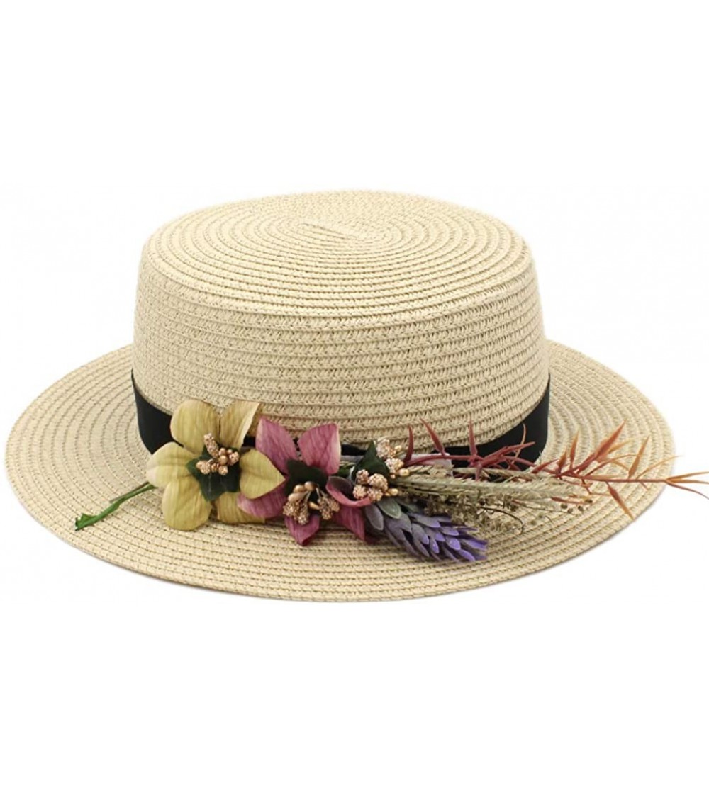 Sun Hats Women Straw Boater Hat Summer Beach Sun Sailor Bowler Cap w/Flower Hatband - Beige - CW18TI5TKYG $10.33