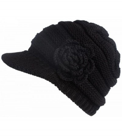 Skullies & Beanies Womens Hats Winter- Womens Winter Warm Floral Knitted Crochet Beanie Slouchy Wool Hat With Visor - Black -...
