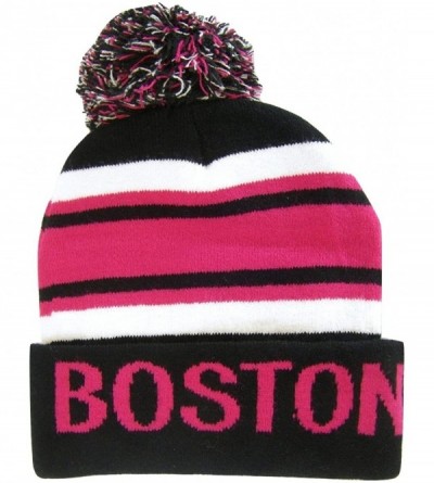 Skullies & Beanies Boston Adult Size Winter Knit Beanie Hats - Black/Fuschia - CT17X6KY9EE $27.72