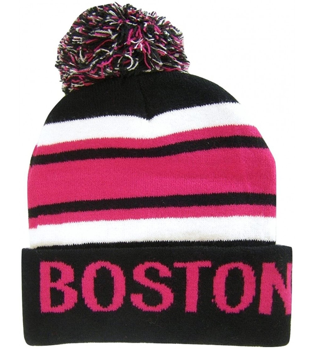 Skullies & Beanies Boston Adult Size Winter Knit Beanie Hats - Black/Fuschia - CT17X6KY9EE $15.21