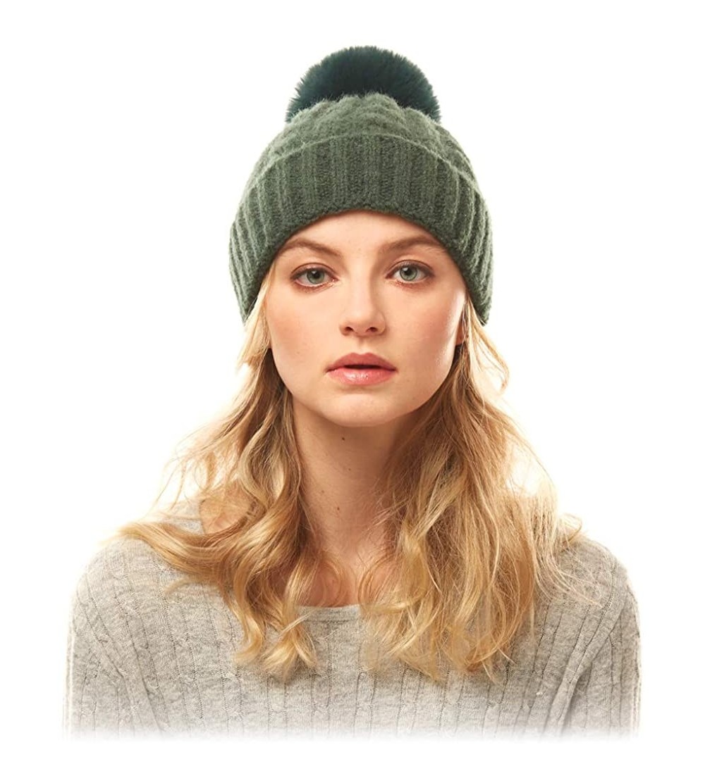 Skullies & Beanies Me Plus Women Fashion Fall Winter Soft Cable Knitted Faux Fur Pom Pom Beanie Hat - Cable Knit - Green - CE...