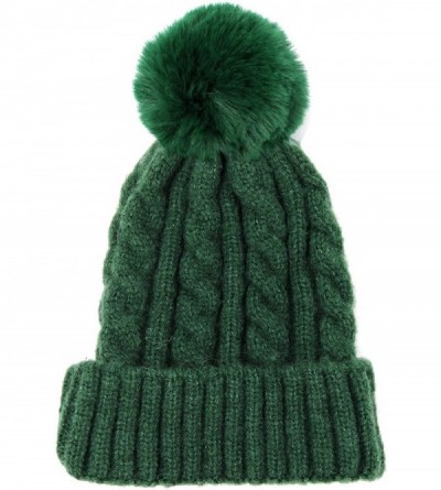 Skullies & Beanies Me Plus Women Fashion Fall Winter Soft Cable Knitted Faux Fur Pom Pom Beanie Hat - Cable Knit - Green - CE...