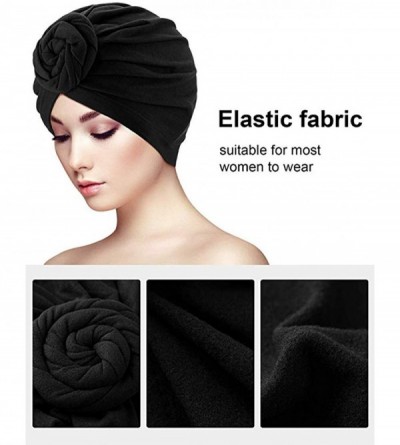 Skullies & Beanies Knotted Cotton Turban Hat Chemo Cap Headbands Muslim Turban for Women Hair Accessories - Black+rose - CX18...