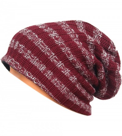 Skullies & Beanies Unisex Beanie Hat Slouchy Knit Cap Skullcap Stripe Baggy Style 1009 - Claret - CF128MYZGD3 $11.96