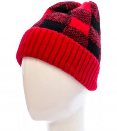 Skullies & Beanies Warm Cozy and Cute Buffalo Check Beanie Hat with Cuff Soft Acrylic - Red/Black - CE193CGYT5Y $12.81