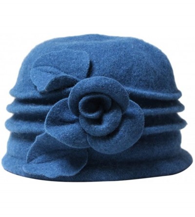 Fedoras Women 100% Wool Solid Color Round Top Cloche Beret Cap Flower Fedora Hat - 4 Blue - C7186WXZOHO $18.88