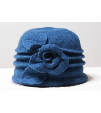 Fedoras Women 100% Wool Solid Color Round Top Cloche Beret Cap Flower Fedora Hat - 4 Blue - C7186WXZOHO $18.88