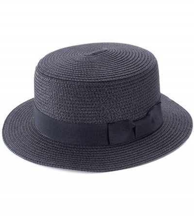 Sun Hats Womens Mini Straw Boater Hat Fedora Panama Flat Top Ribbon Summer A456 - Black - CP185O20O33 $19.38