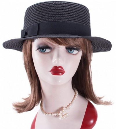 Sun Hats Womens Mini Straw Boater Hat Fedora Panama Flat Top Ribbon Summer A456 - Black - CP185O20O33 $9.17
