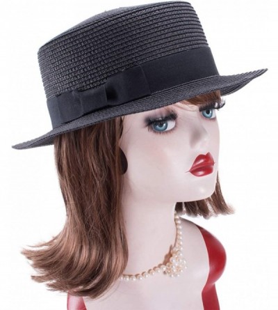 Sun Hats Womens Mini Straw Boater Hat Fedora Panama Flat Top Ribbon Summer A456 - Black - CP185O20O33 $9.17