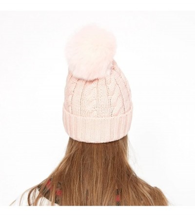 Skullies & Beanies Women Cable Knit Beanie Hat Winter Warm Pom Pom Cap Hats - Pink - C61860LG23T $16.07