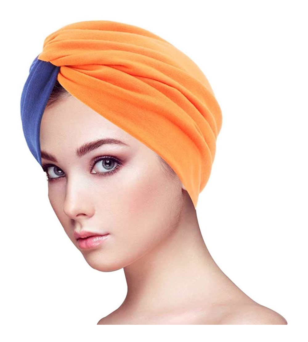 Skullies & Beanies 1Pack/2Packs Women Turban Splice Headwrap Beanie Pre-Tied Bonnet Chemo Cap Hair Loss Hat - Blue&orange Spl...