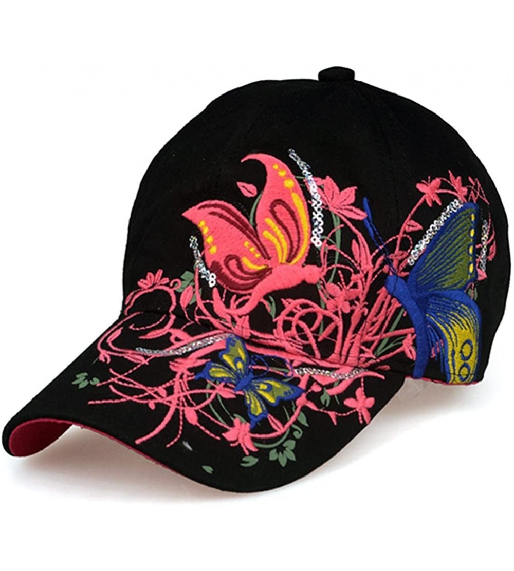 Baseball Caps Embroidery Flower Floral Butterfly Snapback Baseball Brim Cap FFH196BLK - Black - CY11NTRNVOF $14.96