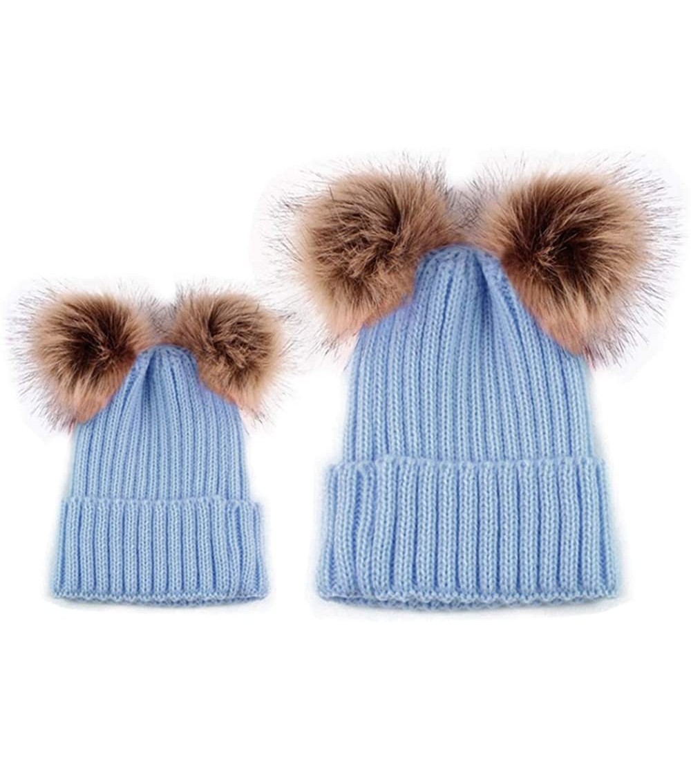 Skullies & Beanies Parent-Child Matchy Hat Winter Mom Baby Double Pompom Faux Fur Beanie Ski Cap - Light Blue - CH18L8OIOQO $...