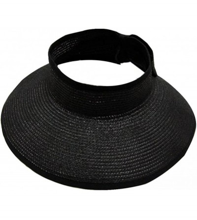 Sun Hats Women's Summer Wide Brim Roll-Up Straw Sun Visor Hat - Black - CI12O3C91AU $15.35
