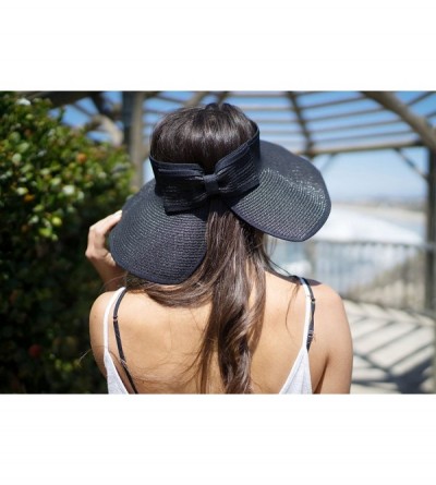Sun Hats Women's Summer Wide Brim Roll-Up Straw Sun Visor Hat - Black - CI12O3C91AU $15.35