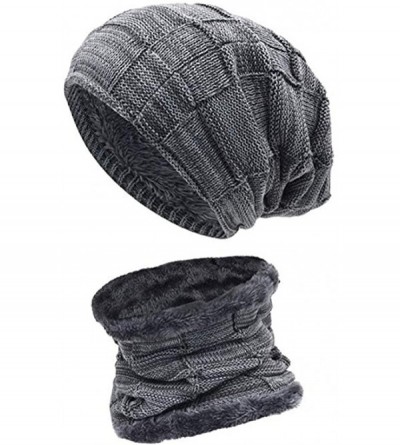 Skullies & Beanies 2-Pieces Winter Beanie Hat Scarf Set Warm Knit Hat Thick Fleece Lined Skull Cap for Men Women - Grey-plaid...