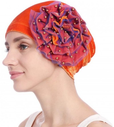 Skullies & Beanies Women Velvet Beading Flower Hat Cancer Chemo Beanie Cap - Orange - CE18HWHLW2E $9.51