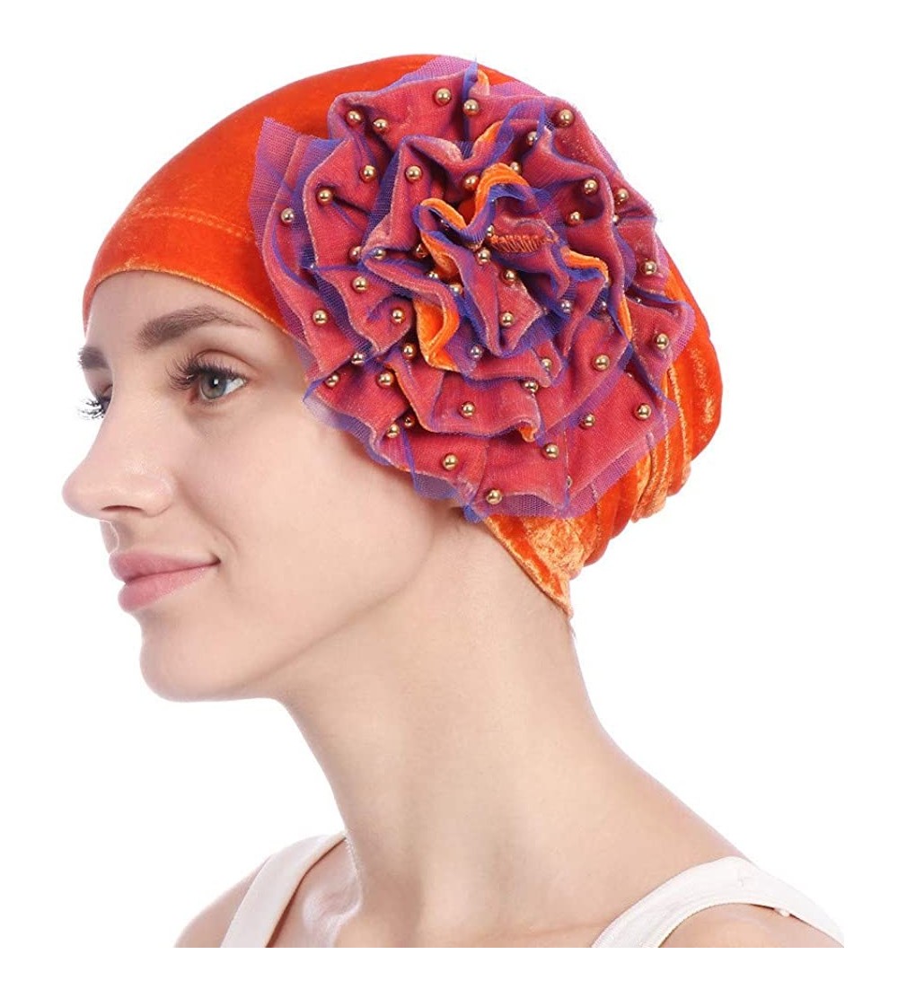 Skullies & Beanies Women Velvet Beading Flower Hat Cancer Chemo Beanie Cap - Orange - CE18HWHLW2E $9.51