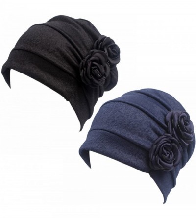 Skullies & Beanies Ruffle Chemo Turban Headband Scarf Beanie Cap Hat for Cancer Patient - Black+navy Blue - CV18DKIK5DY $10.45