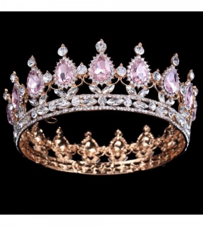 Headbands Elegant Crystal Bridal Princess Crown Classic Gold Queen Tiaras-gold pink - gold pink - CO18WR8KYWI $25.97