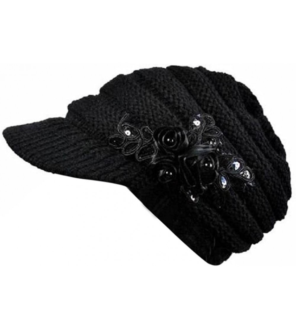 Skullies & Beanies Womens Lady's Winter Cable Knit Visor Hat with Flower Accent - Black - CY12N1DHKGJ $18.16