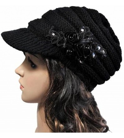 Skullies & Beanies Womens Lady's Winter Cable Knit Visor Hat with Flower Accent - Black - CY12N1DHKGJ $17.92