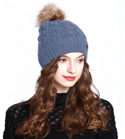Skullies & Beanies BN2346 Women's Winter Hand Knit Faux Fur Pompoms Beanie Hat - Indigo Blue - CX12N00J9NQ $14.83