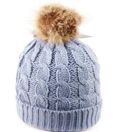 Skullies & Beanies BN2346 Women's Winter Hand Knit Faux Fur Pompoms Beanie Hat - Indigo Blue - CX12N00J9NQ $14.83