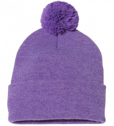 Skullies & Beanies Pom-Pom 12" Knit Beanie - SP15 - One Size - Heather Purple - CV18HY3XWQ4 $6.69