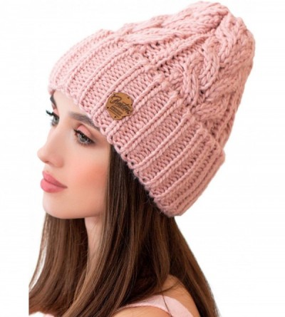 Skullies & Beanies Knit Hat for Women - Ski Cable Winter Cuff Warm Toboggan Beanie - Wool Snow Outdoor Cap - Pink - CT18G2IDZ...