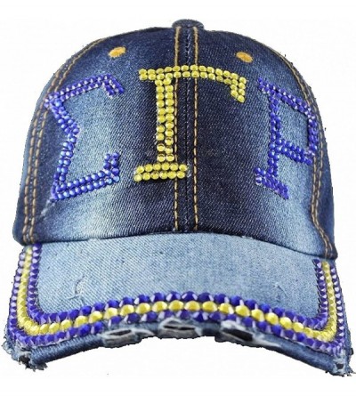 Baseball Caps Sigma Gamma Rho Distressed Denim Rhinestone Ladies Cap [Denim Blue - Adjustable] - CT187932LHE $14.16
