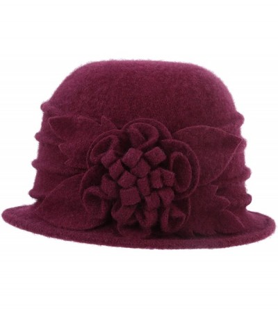 Skullies & Beanies 1920s Gatsby Womens Flower 100% Wool Warm Beanie Bow Hat Cap Crushable - Wine Red - CB188KAQLK8 $14.25