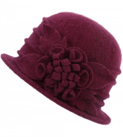 Skullies & Beanies 1920s Gatsby Womens Flower 100% Wool Warm Beanie Bow Hat Cap Crushable - Wine Red - CB188KAQLK8 $14.25