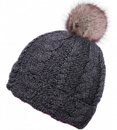 Skullies & Beanies Cable Knit Beanie with Faux Fur Pompom Ears - Single Pom_charcoal - CB193407L84 $10.79