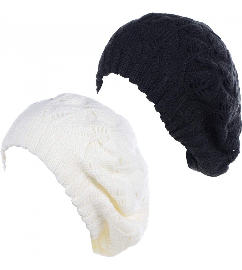 Berets Winter Chic Warm Double Layer Leafy Cutout Crochet Chunky Knit Slouchy Beret Beanie Hat Solid - C118X4ZZO4G $17.01