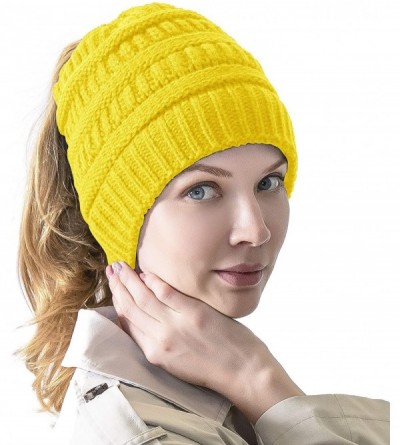 Skullies & Beanies Women's Knitted Messy Bun Hat Ponytail Beanie Baggy Chunky Stretch Slouchy Winter - Yellow - CP18YTGHLNW $...
