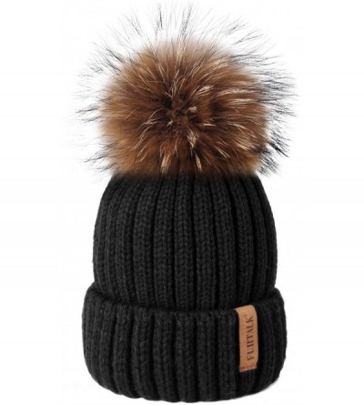 Skullies & Beanies Winter Knit Hat Detachable Real Raccoon Fur Pom Pom Womens Girls Warm Knit Beanie Hat - C81251TBWQR $36.20