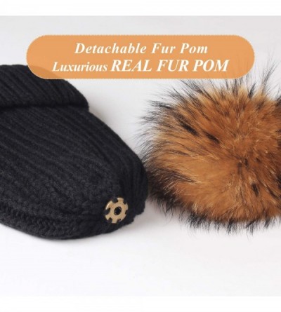 Skullies & Beanies Winter Knit Hat Detachable Real Raccoon Fur Pom Pom Womens Girls Warm Knit Beanie Hat - C81251TBWQR $13.08